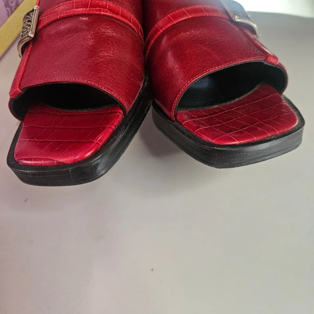 Brighton Beth Red Leather Slide Sandals Croc Embossed Buckle Mules Made Italy 7M